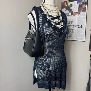 INC Rayon Blend Lace-Up Assymetrical Knit Blue Top /Dress